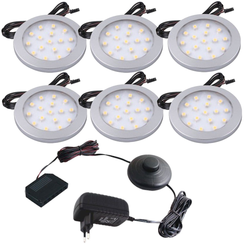 1-6 LED Aufbau Möbel Unterbauleuchte "ORBIT" silber + Netzteil mit Druckschalter