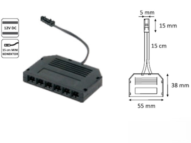 6er Verteiler Buchse MINI Stecker mit 15cm Kabel, MINI Steckeranschluss schwarz