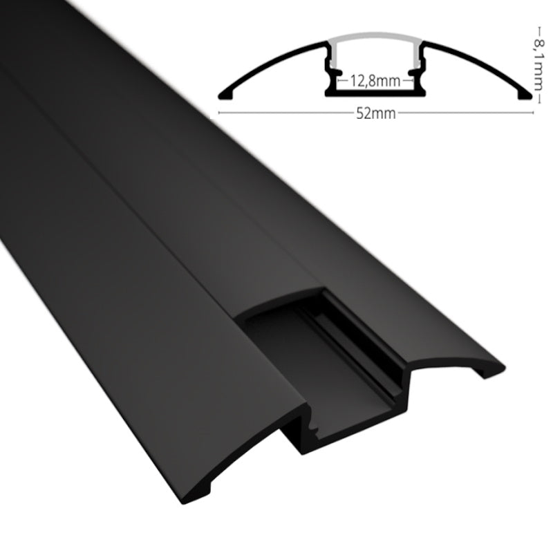ALU Profil | Leiste | Schiene AUFBAU-Flach in schwarz abgerundet + Abdeckung