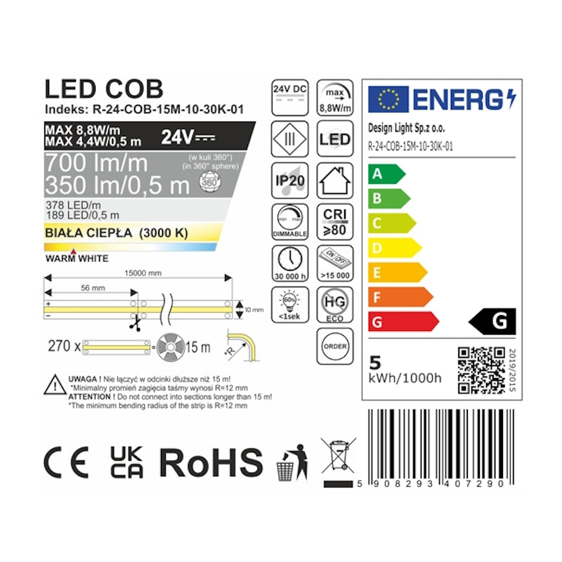 1m COB LED Streifen 24V 8,8W 700Lm 378x SMDs/m warm weiß (3000K) IP20 Stripe