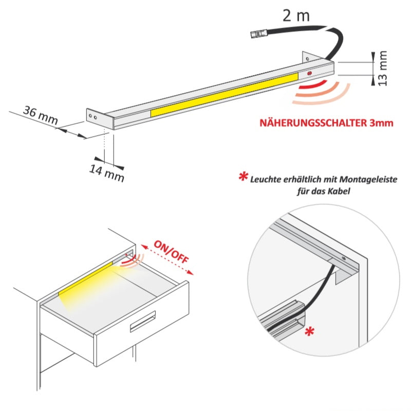 LED Lichtleiste Schublade 864mm lang 8W 600Lm 12V auto AN /AUS Funktion