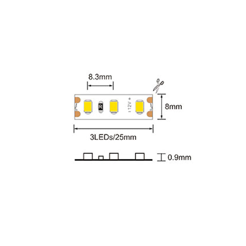 1m LED Streifen 12V 9,6W 1200Lm 120x SMD2835/m warm weiß (2900K) Ra=90 IP66