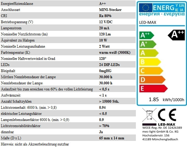LED AUFBAU OVAL Möbel /Unterbauleuchte in schwarz warm weiß 3000k12V/2W D=65mm