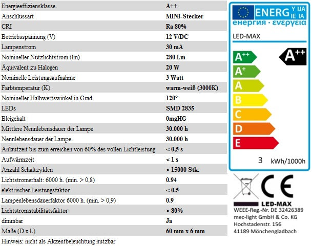 LED AUFBAU Möbel /Unterbauleuchte ORBIT XL silber warm weiß (3000k) 12V/3W