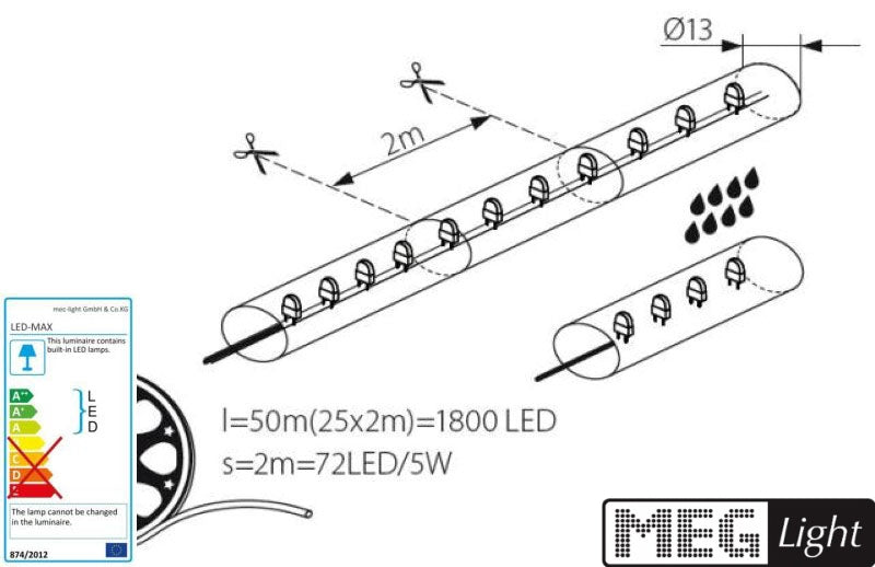 50m weißes LED Lichtschlauch LED Kette alle 1m trennbar, + Anschlußset