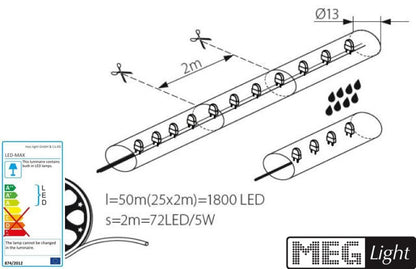 50m weißes LED Lichtschlauch LED Kette alle 1m trennbar, + Anschlußset