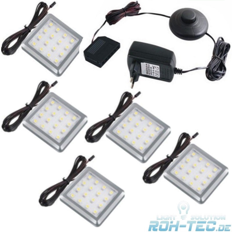 LED Aufbau Möbelleuchte SQUARE Set mit 1-6 Leuchten, Druckschalter-Trafo