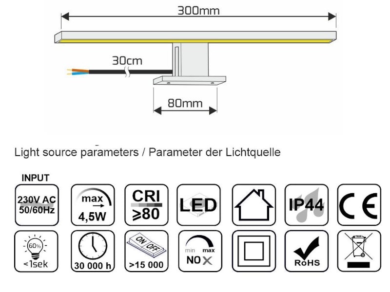 LED Spiegelleuchte | Möbelleuchte AMBER 4,5W 550lm 230V CHROM