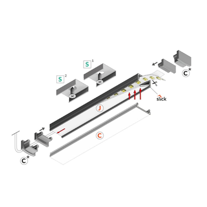 ALU Profil Aufbau Leiste Schiene BEGTON-12 silber eloxiert Led Streifen 1m | 2m