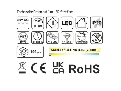 1m COB LED Streifen 24V 2000K Amber Bernstein 480 LED/m 11,2W/m 8mm IP20 dimmbar