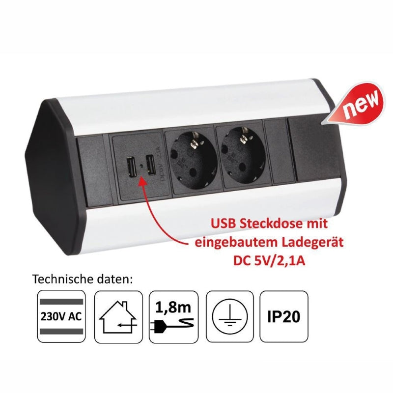 CORNERBOX Aluminium SchuKo 2 fach mit USB Steckdose 2 fach / Ecksteckdose