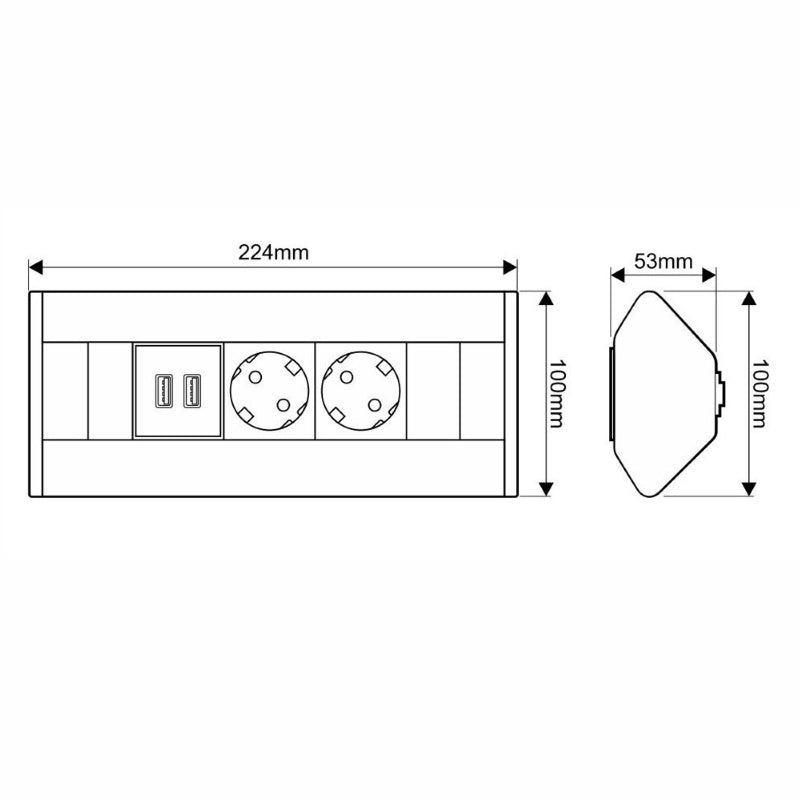 CORNERBOX Aluminium SchuKo 2 fach mit USB Steckdose 2 fach / Ecksteckdose