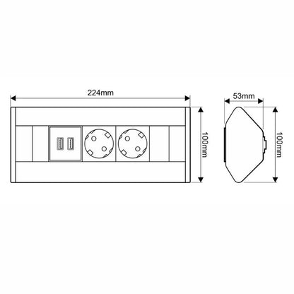 CORNERBOX Aluminium SchuKo 2 fach mit USB Steckdose 2 fach / Ecksteckdose