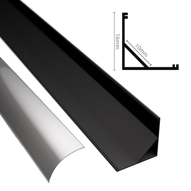 ALU Profil | Eck Leiste | Schiene ECKE-16 schwarz für LED Streifen + Abdeckung