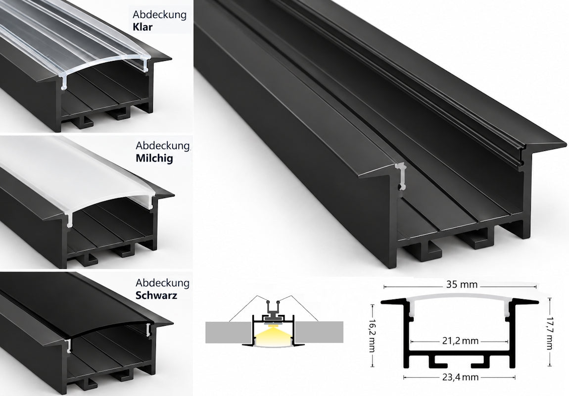 ALU Profil | Leiste | Schiene "EINBAU-20" in schwarz für Led Streifen 1m | 2m