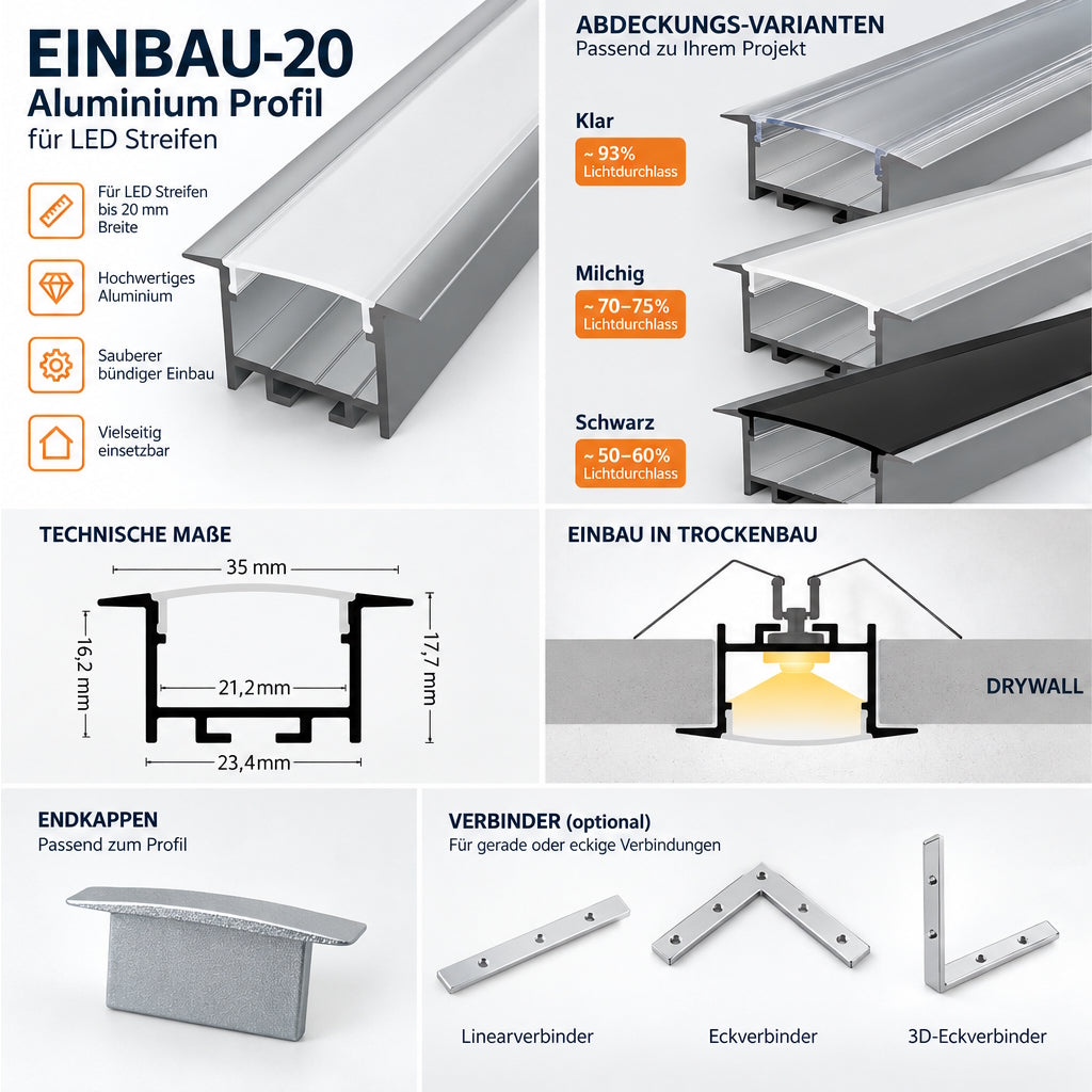 ALU Profil | Leiste | Schiene "EINBAU-20" in silber für Led Streifen 1m | 2m