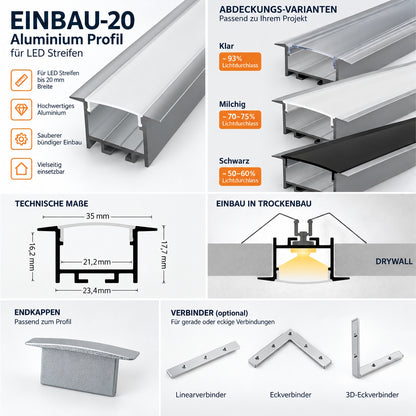 ALU Profil | Leiste | Schiene "EINBAU-20" in silber für Led Streifen 1m | 2m