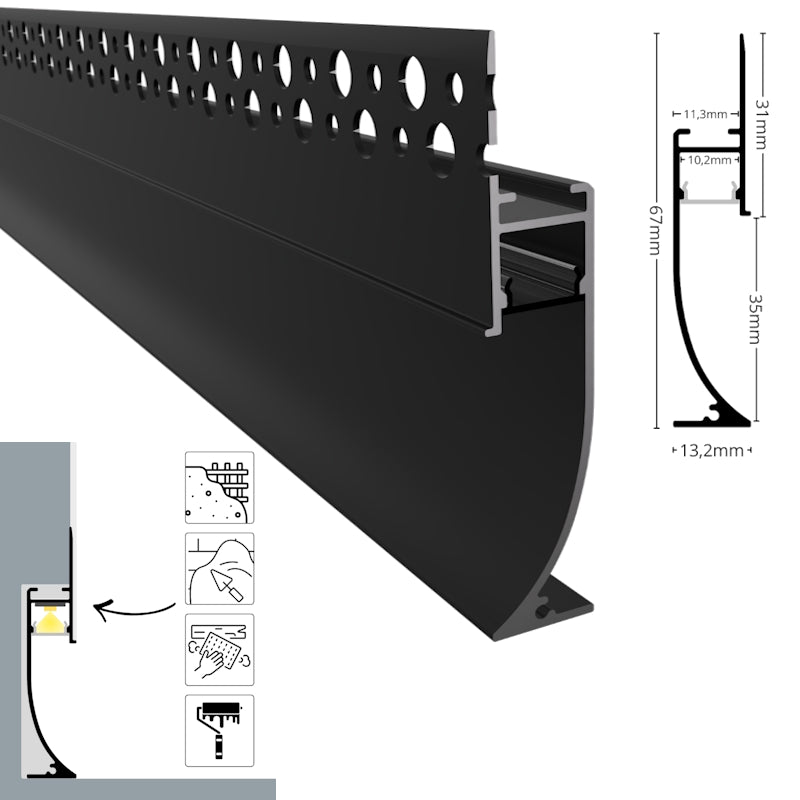 ALU Profil Trockenbau Einbau Leiste Rigips EINPUTZ-FLOOR schwarz für Led Stripes