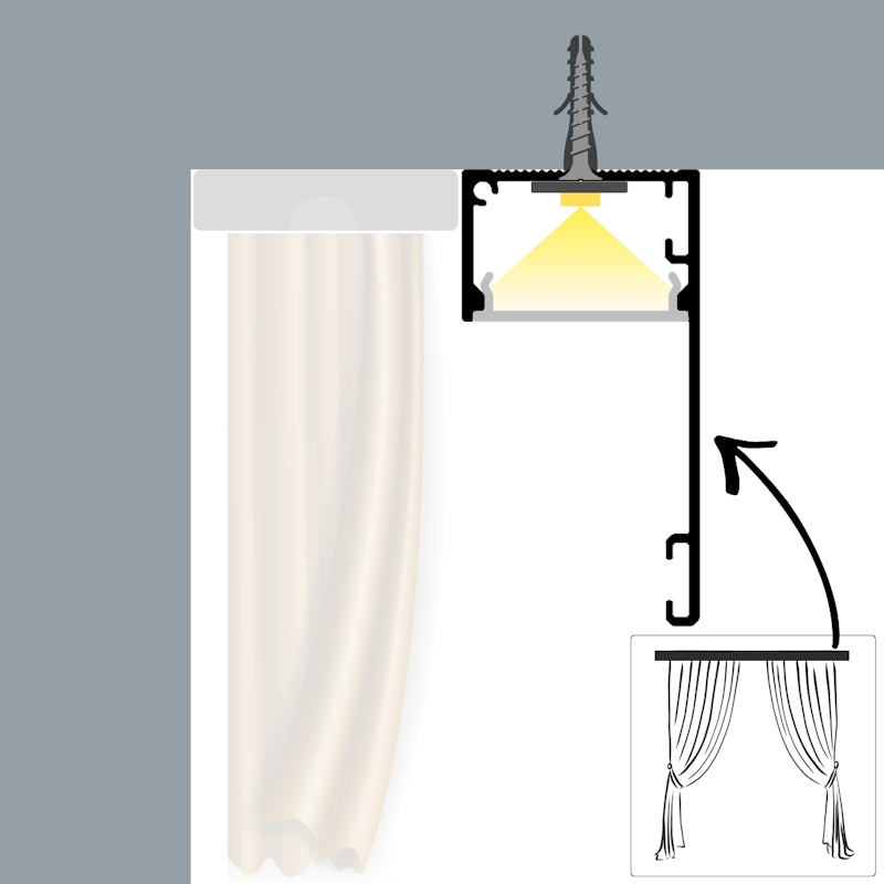 ALU Profil Gardinen Leiste | Schiene FENSTER-20 schwarz für Led Streifen 1m | 2m