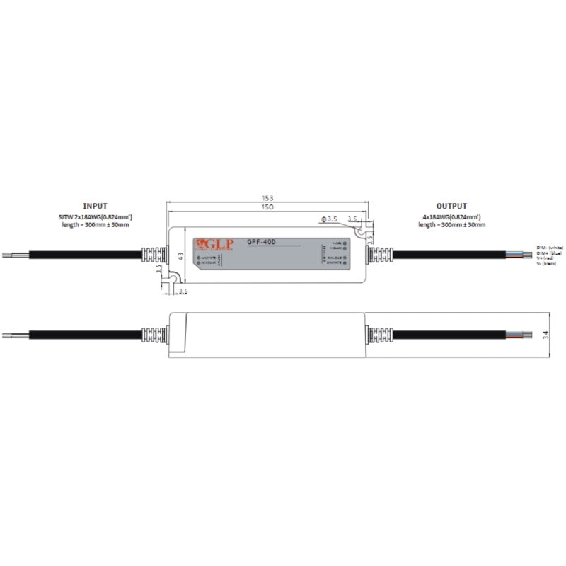 LED Konstantstrom Trafo dimmbar 1050mA mit PFC 24~40V 25-42W (GPF-40D-1050) IP67