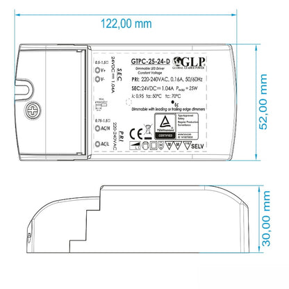 LED Trafo 12V/DC 25W 2,08A dimmbar Slim Line Netzteil (GTPC-25-12-D) MM