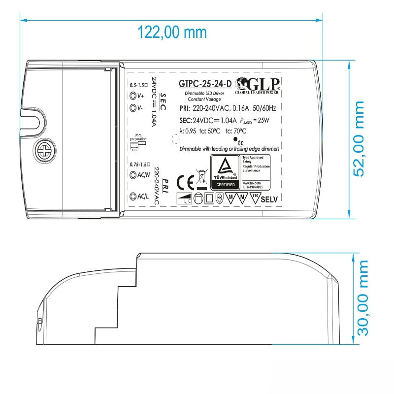 LED Trafo 24V DC 25W 1,04A dimmbar Netzteil (GTPC-25-24-D) MM