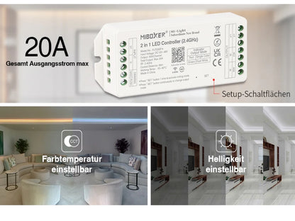 3in1 LED-Controller 2,4G für RGB/RGBW/RGB+CCT 12–48V DC 20A Miboxer