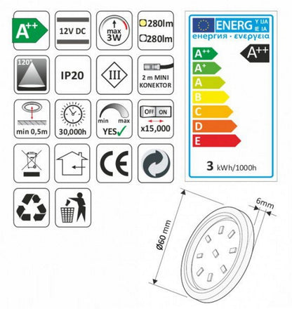LED AUFBAU Möbel /Unterbauleuchte ORBIT XL silber kalt weiß (6000k) 12V/3W