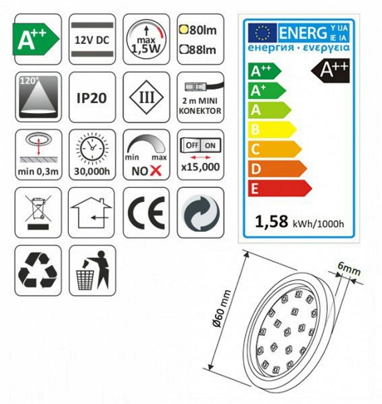 LED AUFBAU Möbel /Unterbauleuchte ORBIT silber kalt weiß (6000k) 12V/1,5W