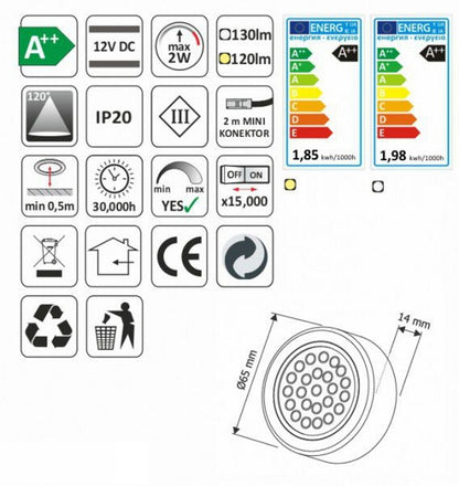 LED AUFBAU OVAL Möbel /Unterbauleuchte in weiß, warm weiß (3000k) 12V/2W D=65mm