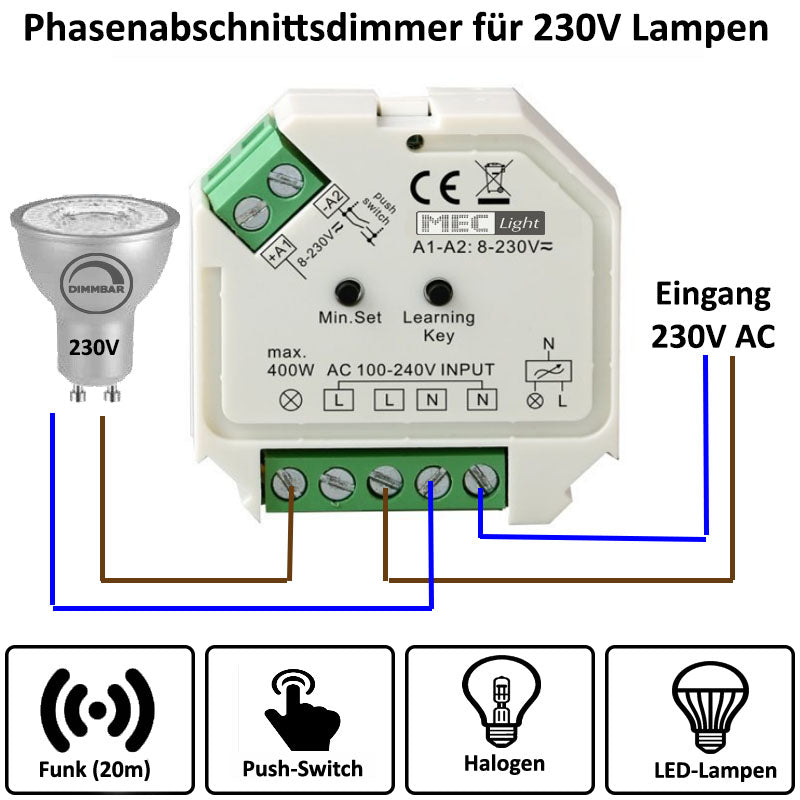 Funk LED DIMMER / Controller 230V/AC bis zu 400W schalten/dimmen (SR-1009SAC-HP)