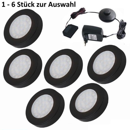 LED Aufbau OVAL Möbelleuchte schwarz, Set mit 1-6 Leuchten, Druckschalter-Trafo