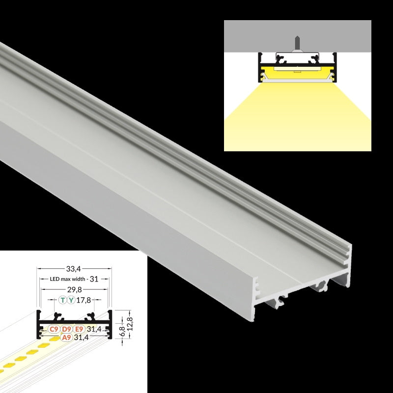 ALU Profil / Leiste VARIO30-01 für LED Streifen + Abdeckung AUFBAU silber