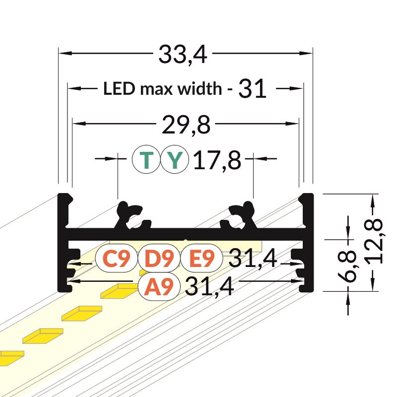 ALU Profil / Leiste VARIO30-01 für LED Streifen + Abdeckung AUFBAU silber