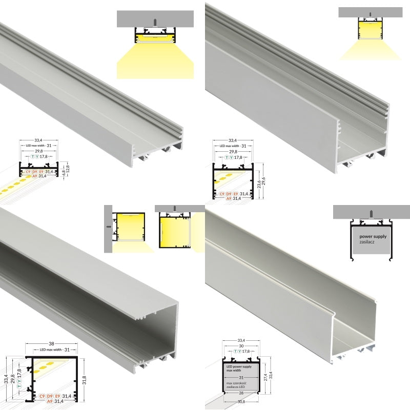 ALU Profil | Leiste | Schiene VARIO30 für LED Streifen + Abdeckung Aufbau