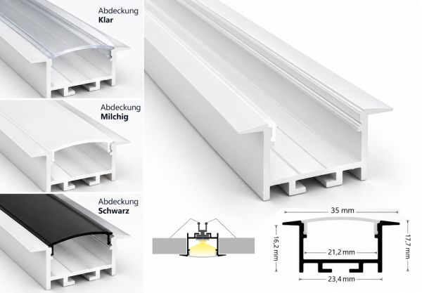 ALU Profil | Leiste | Schiene "EINBAU-20" in weiß für Led Streifen 1m | 2m