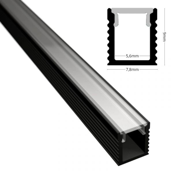 ALU Profil Schiene Leiste AUFBAU-MINI (9x7,8mm) schwarz für LED Streifen 1m/2m