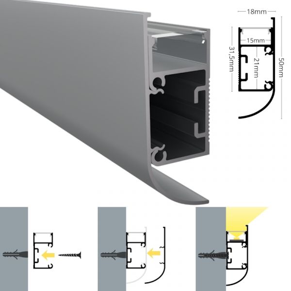 ALU Profil Wand Leiste WALL-CURVE Schiene in silber für Led Streifen 1m | 2m