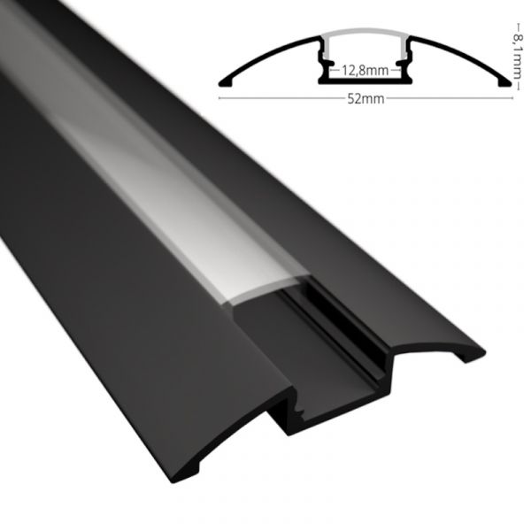ALU Profil | Leiste | Schiene AUFBAU-Flach in schwarz abgerundet + Abdeckung