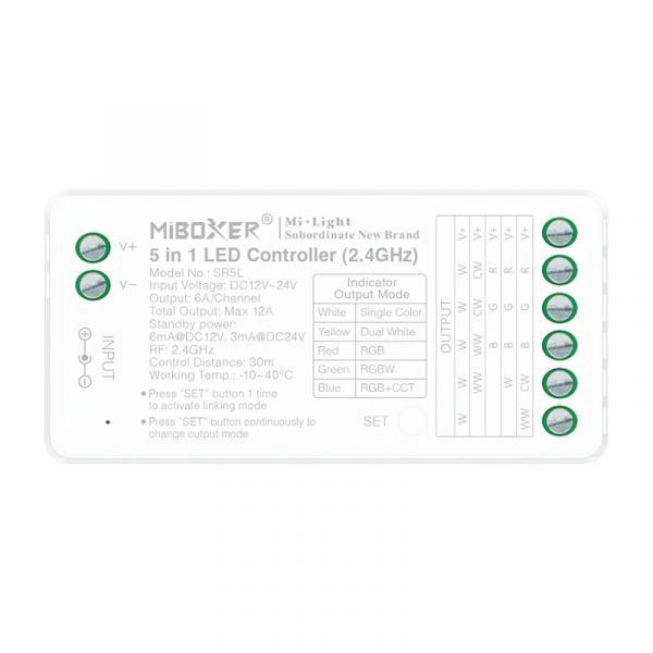 5-in-1 LED-Controller 2.4 GHz Einfarbig CCT RGB RGBW RGB+CCT 12–24 V 12A MiBoxer
