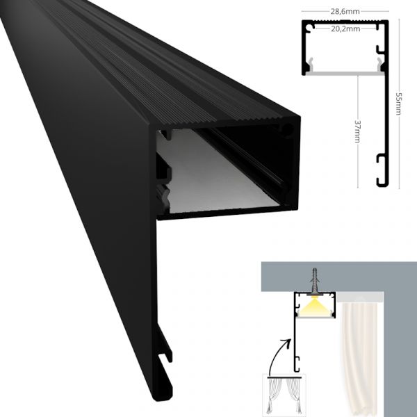 ALU Profil Gardinen Leiste | Schiene FENSTER-20 schwarz für Led Streifen 1m | 2m