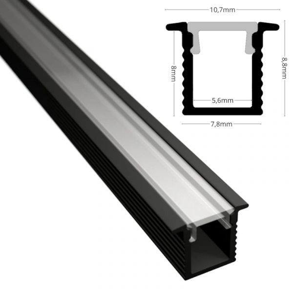 ALU Profil Schiene Leiste EINBAU-MINI (9x7,8mm) schwarz für LED Streifen 1m | 2m