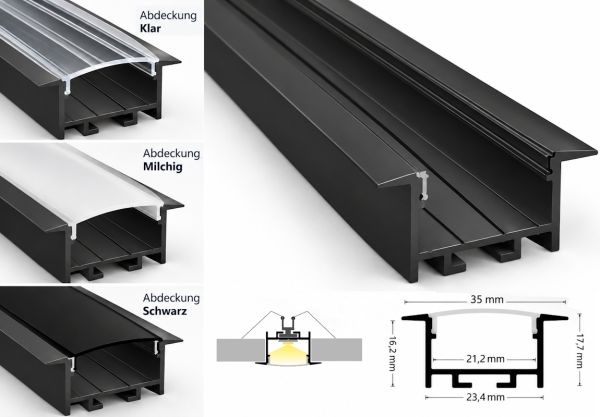 ALU Profil | Leiste | Schiene "EINBAU-20" in schwarz für Led Streifen 1m | 2m