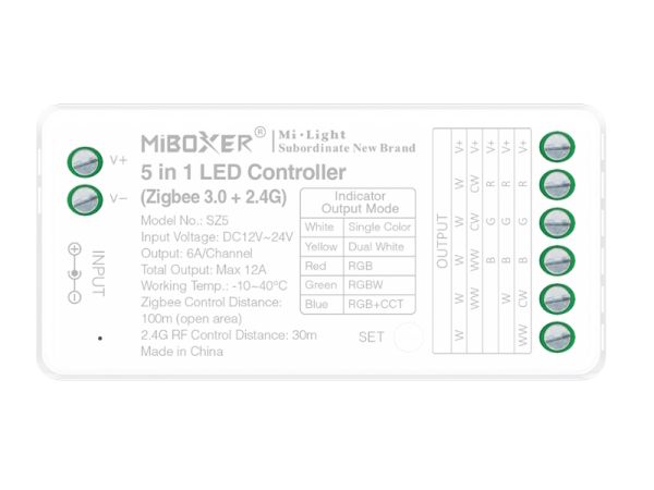 5in1 LED-Controller Zigbee 3.0 + 2,4G 12–24V DC 12A MiBoxer