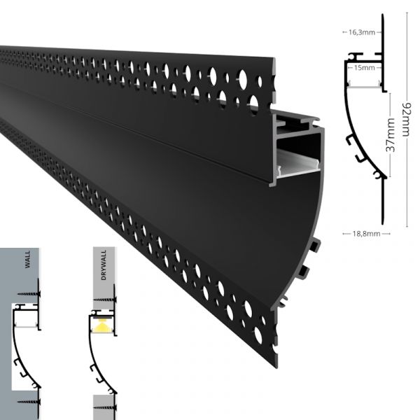 ALU Profil Trockenbau Einbau Leiste Rigips EINPUTZ-FLAT schwarz für Led Streifen
