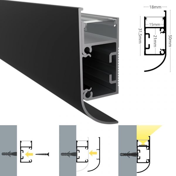 ALU Profil Wand Leiste WALL-CURVE Schiene in schwarz für Led Streifen 1m | 2m