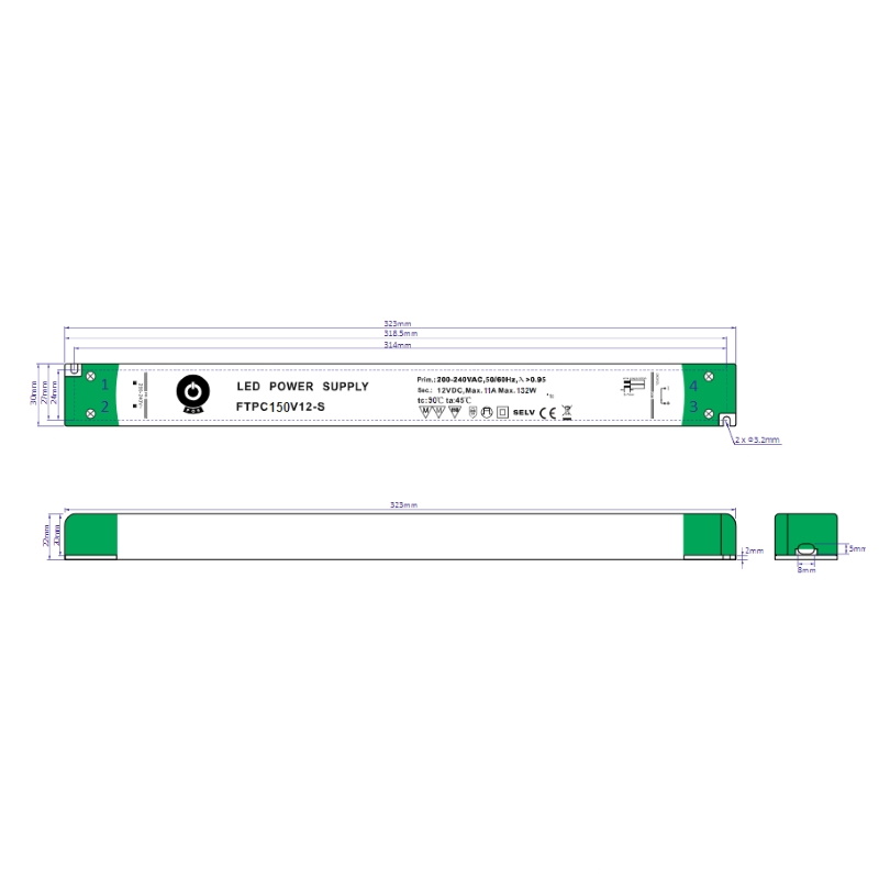 Möbel Slim Line LED Netzteil / Trafo mit PFC 12V/DC 180W 15A FTPC200V12-S MM 