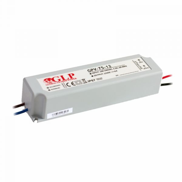 LED Trafo SMD Netzteil 72W 6A 12V/DC wasserfest GLP (GPV-75-12) IP67 driver